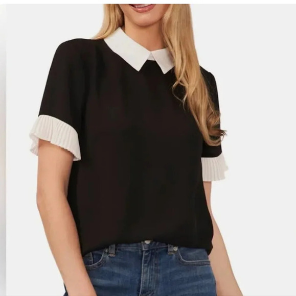 CeCe pleated sleeve colorblock black and white short sleeve blouse. Size XS - Picture 1 of 12